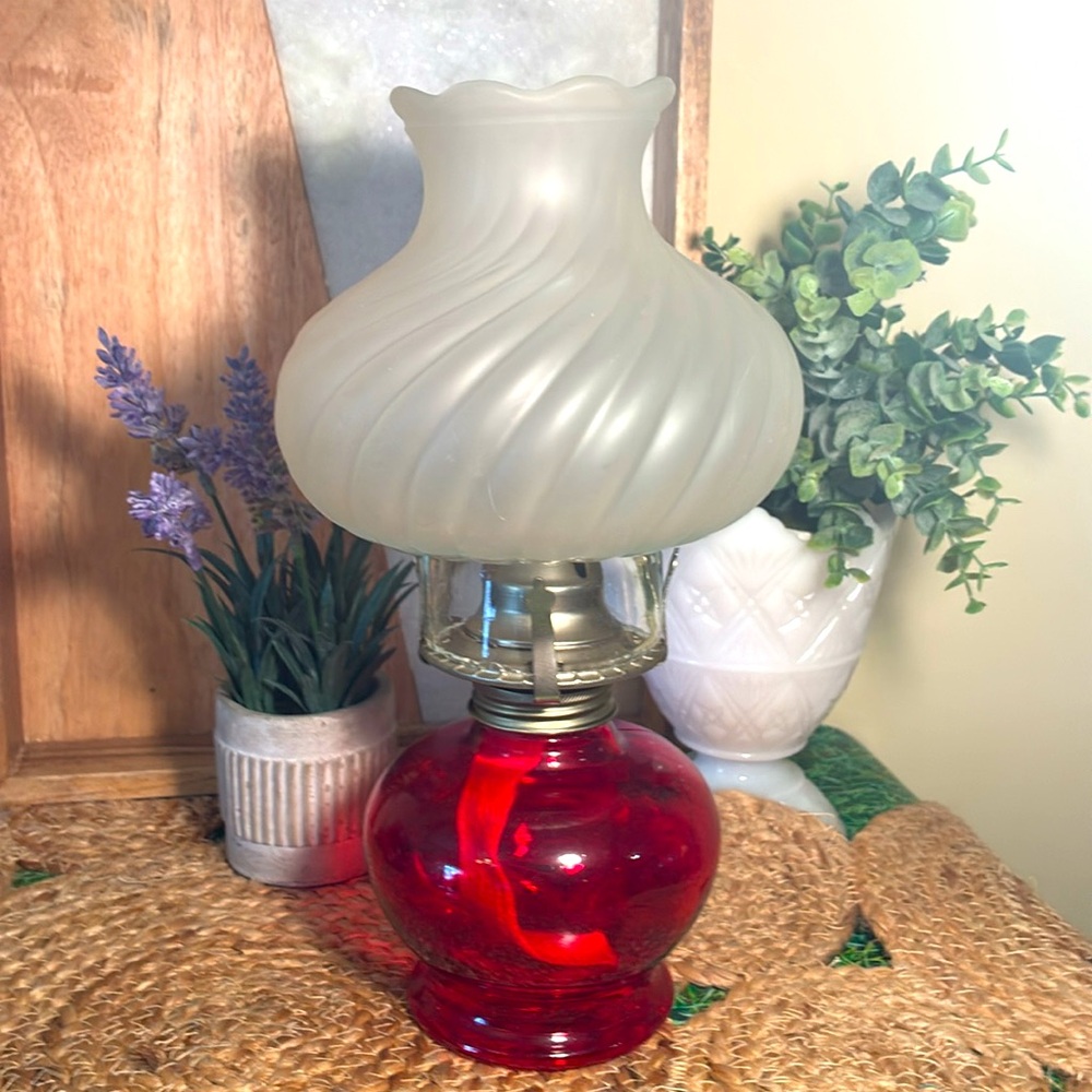 Vibrant Red, Frosted Glass Oil Lamp, Made in Hong Kong.